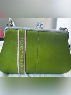 Tommy Hilfiger Lime Green Metal Piggy bank Clutch with Pink Stripe